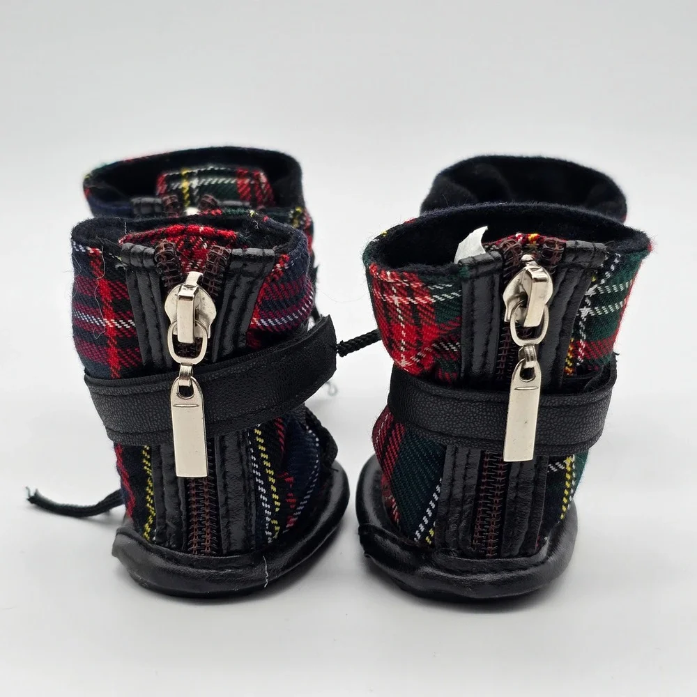 Plaid Dog Boots Small Red Green Tartan Zipper Adjustable Strap Set of 4